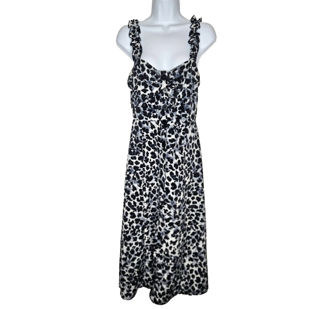 Womens Black Dress Leopard Print Ruffle Straps Fit Flare Cocktail Party